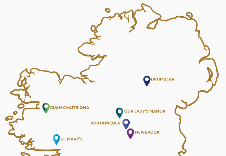 Map of Ireland showing Newbrook Group's six nursing homes across Monaghan, Mayo, Longford, Westmeath and Galway
